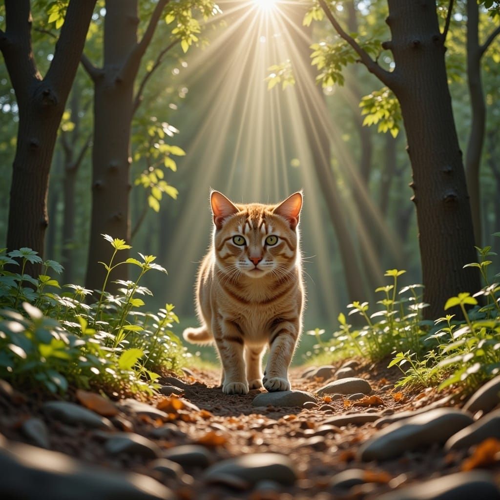 Cat Walking Through Forest, Soft Lighting