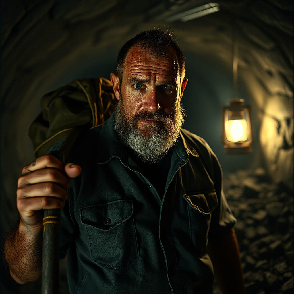 Grizzled Coal Miner in Dimly Lit Mine Tunnel