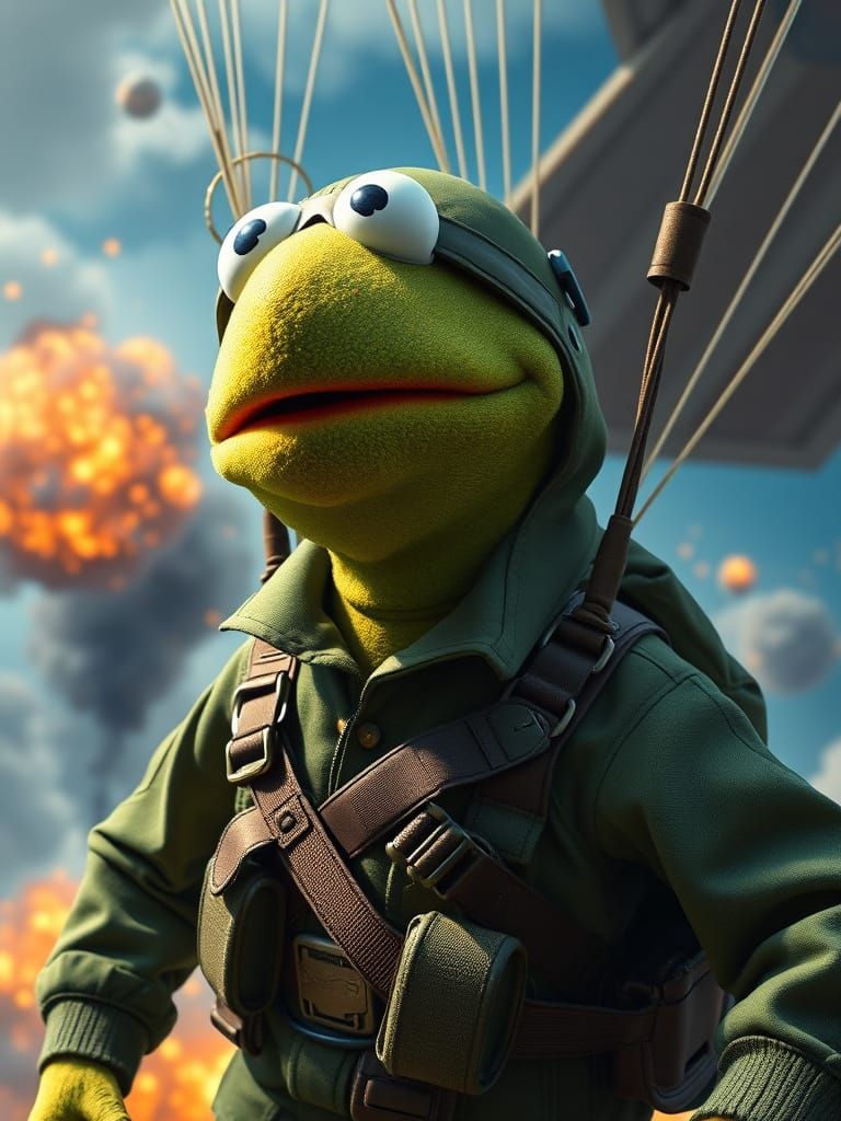 Kermit the Frog Paratrooper in WWII Scene