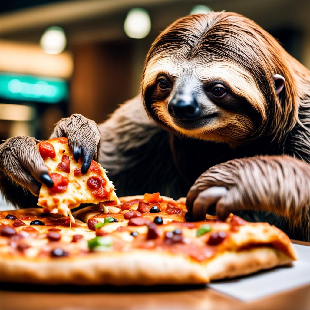 Hyperrealistic Sloth Eats Pizza at the Mall