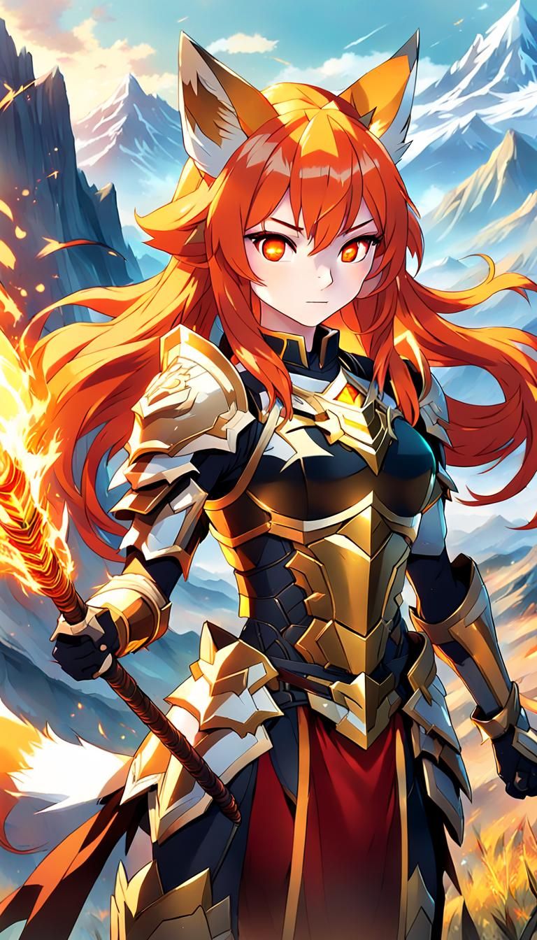 Fiery Fox-Girl Anime Portrait with Magic Staff