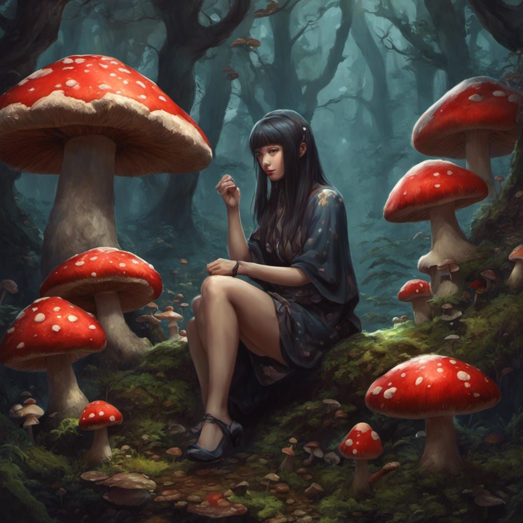 Enchanting Forest Scene with Woman and Mushrooms