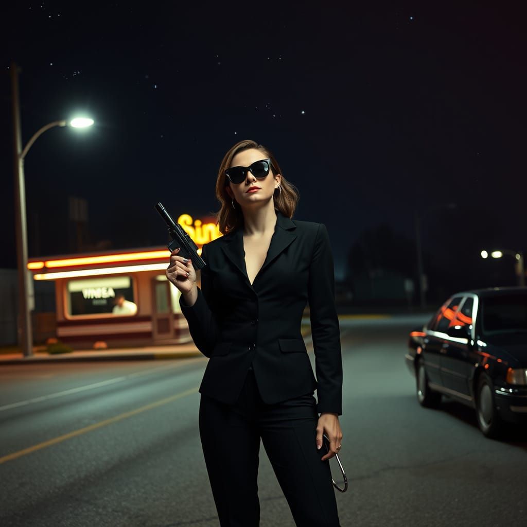 Woman in Black on a Midnight Road