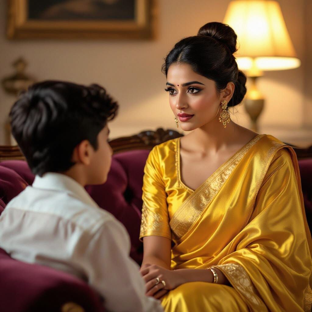 Stunning Indian Woman in Yellow Silk on Velvet Sofa