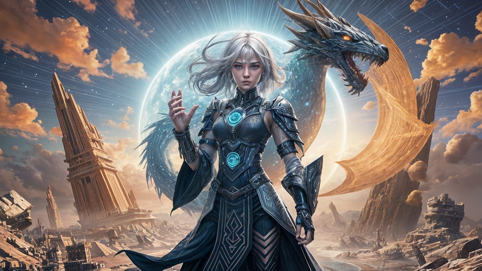 Mystical Warrior in Cosmic Desert and Techno-Citadel