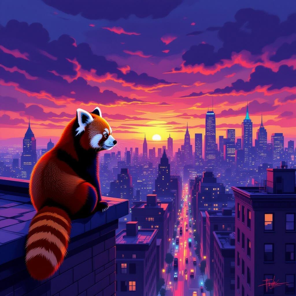 Red Panda Overlooking Cityscape at Dusk in Urban Art Style