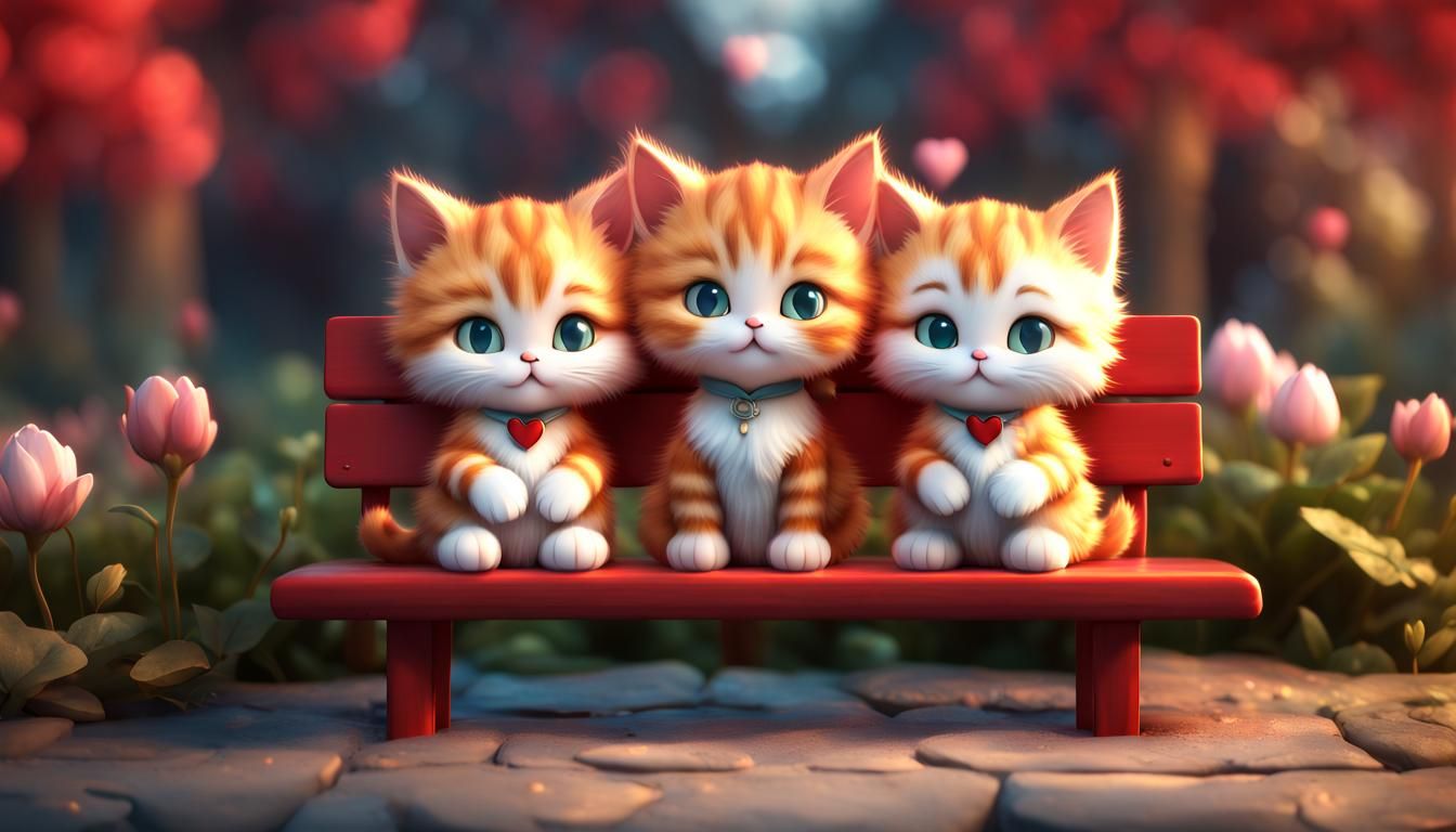two fluffy ginger baby chibi cats hearts valentine bright costume spring day,red bench ethereal fantasy hyperdetailed mi...