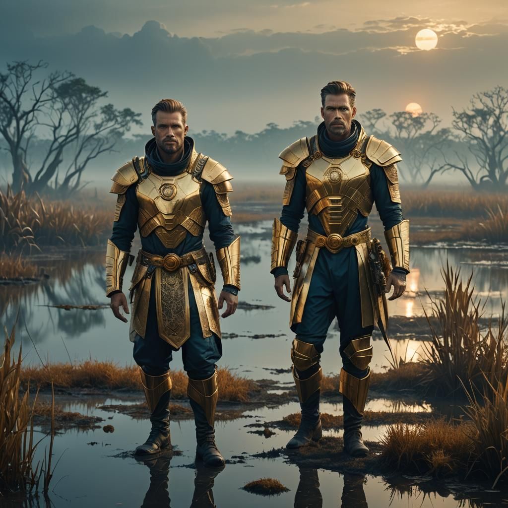 Men in Golden Brass Attire Pose in Misty Marshland
