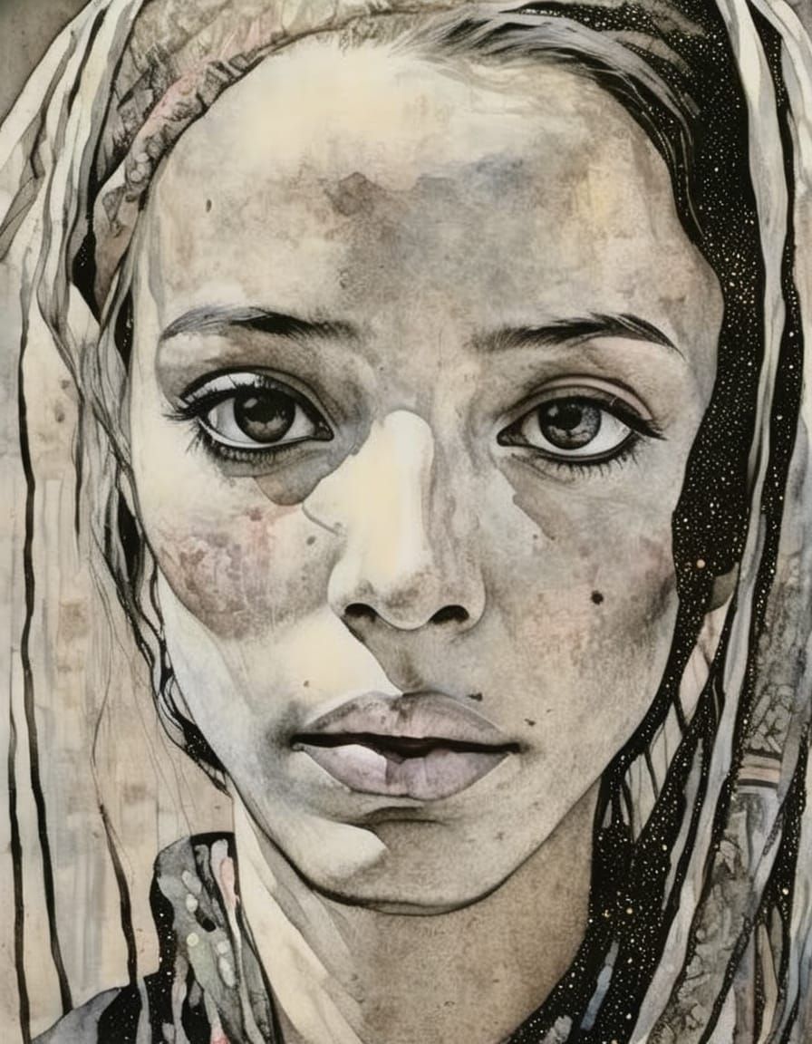 Goth Girl Portrait in High Contrast Impasto Style