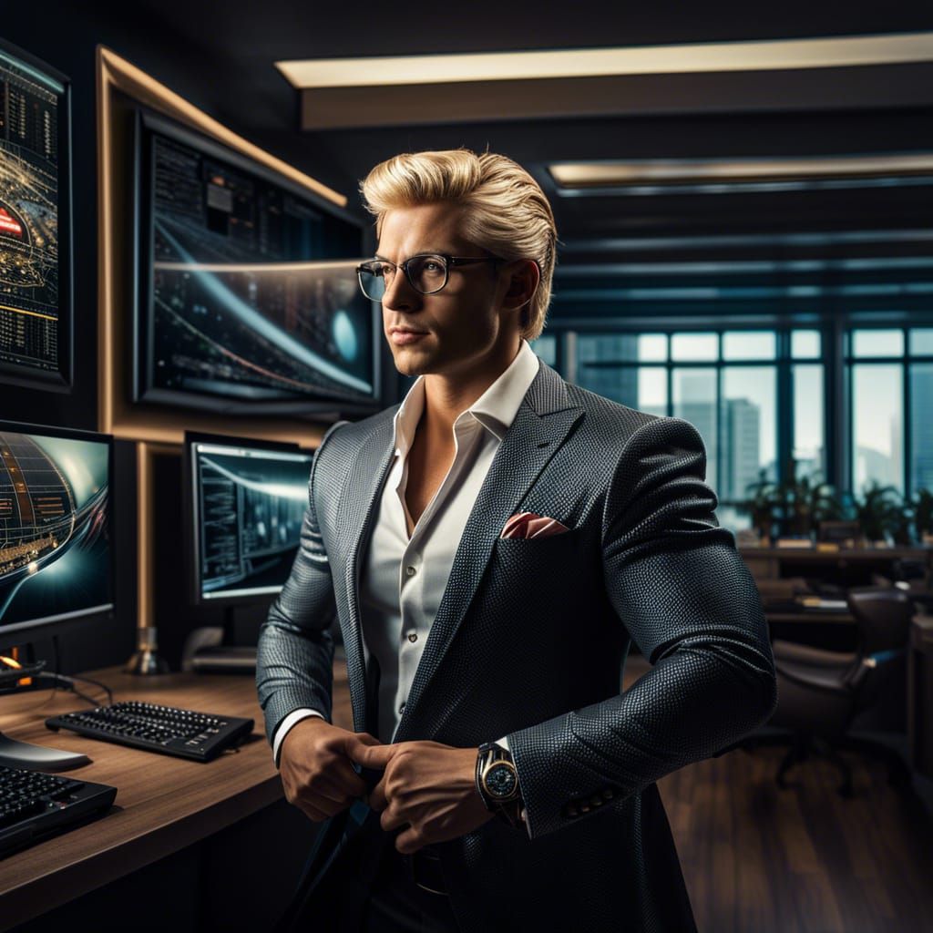 Handsome Millionaire Geek in Modern Office: Hyperrealistic H...