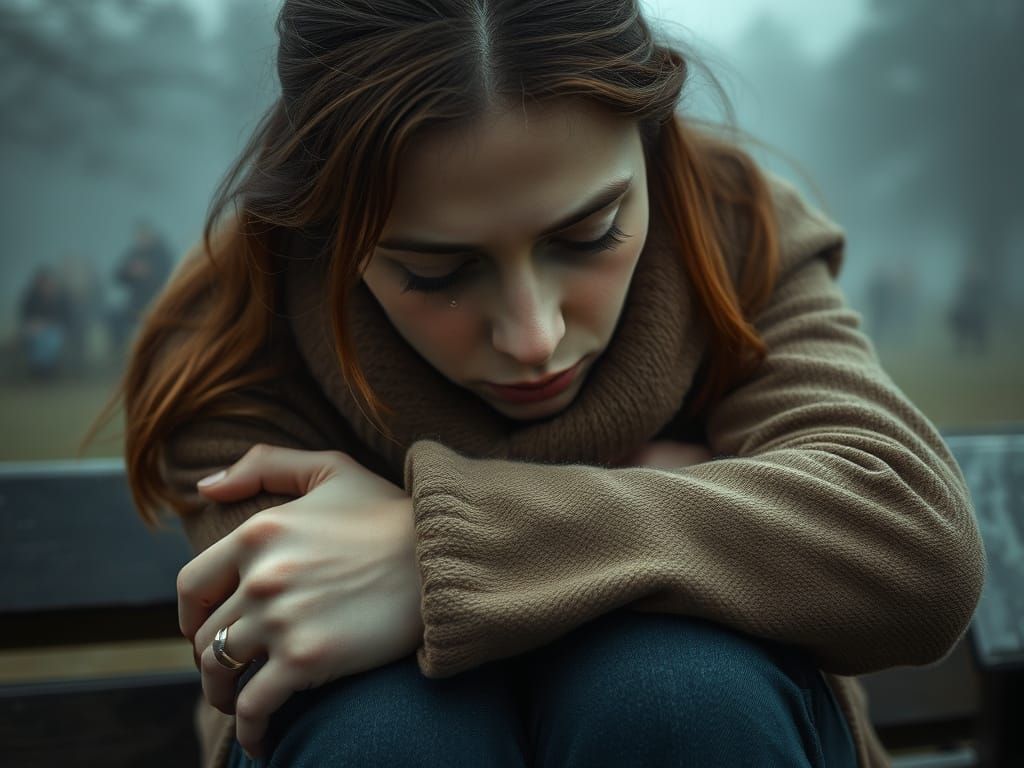 Melancholic Woman in a Foggy Park
