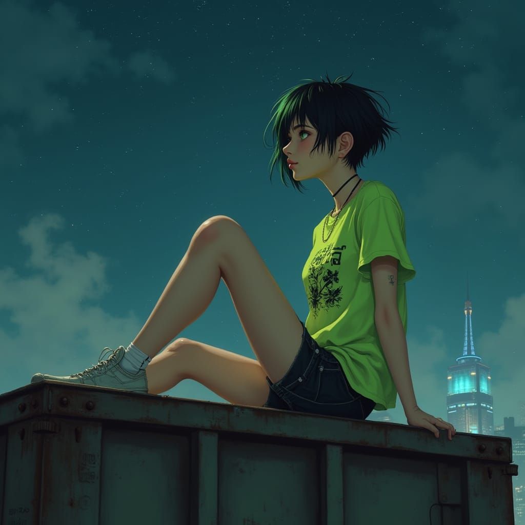 Japanese Girl on Train Roof at Night