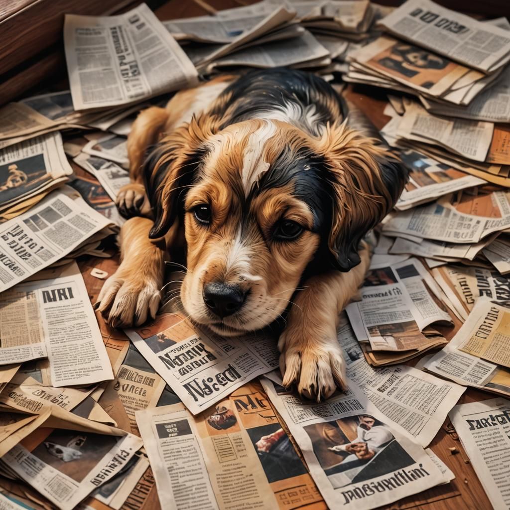 Sleeping Puppy on Newspapers in Hyperrealistic Splash Art