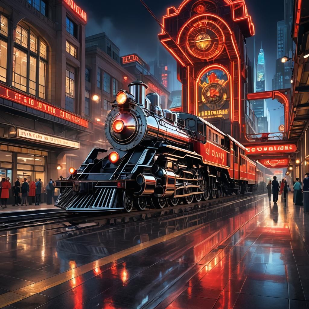 Futuristic Art Deco Train Station at Night