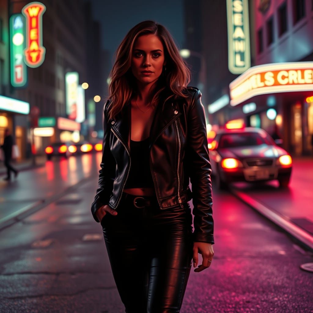 Confident Woman in Leather on City Street at Night