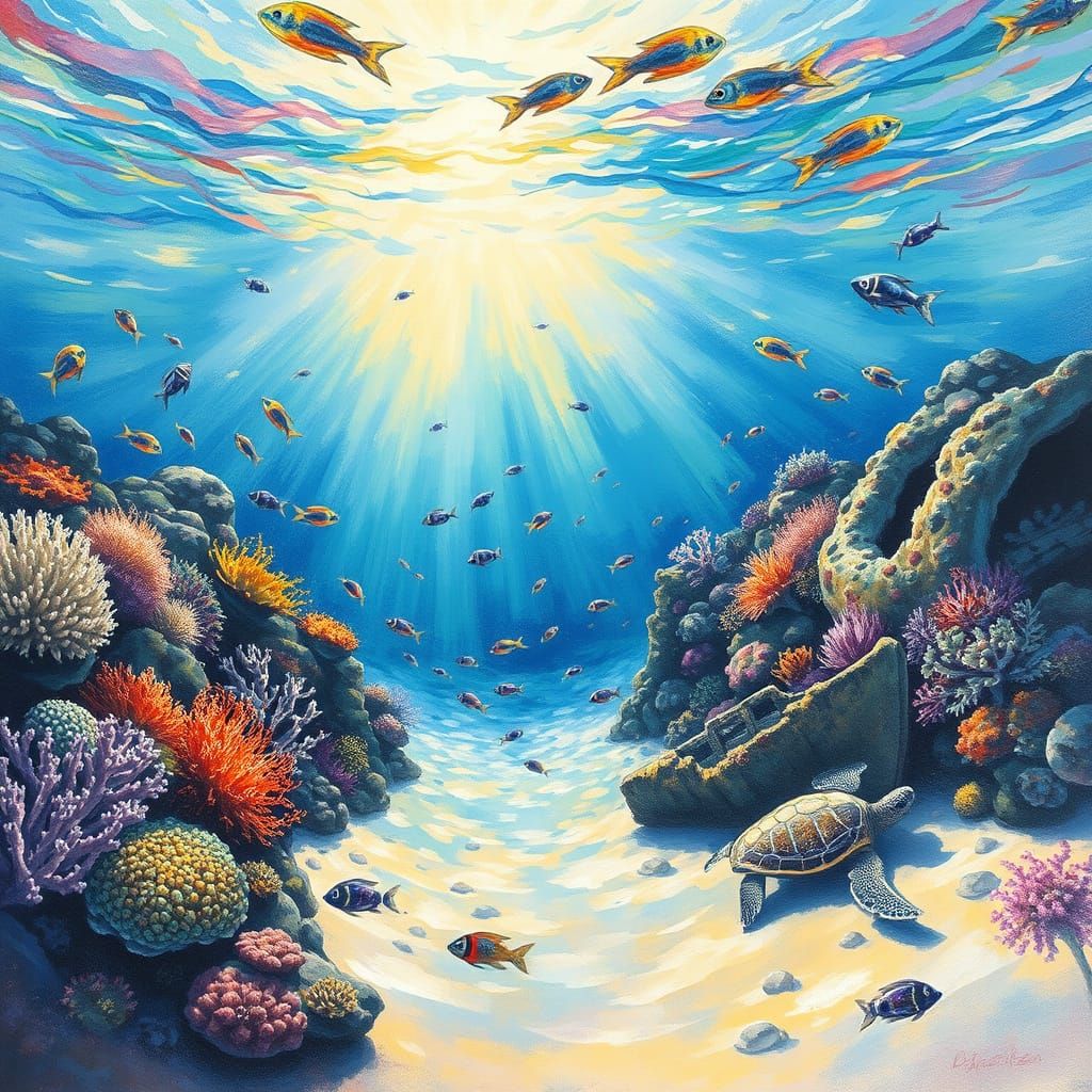 Impressionistic Underwater Scene with Colorful Coral Reefs a...