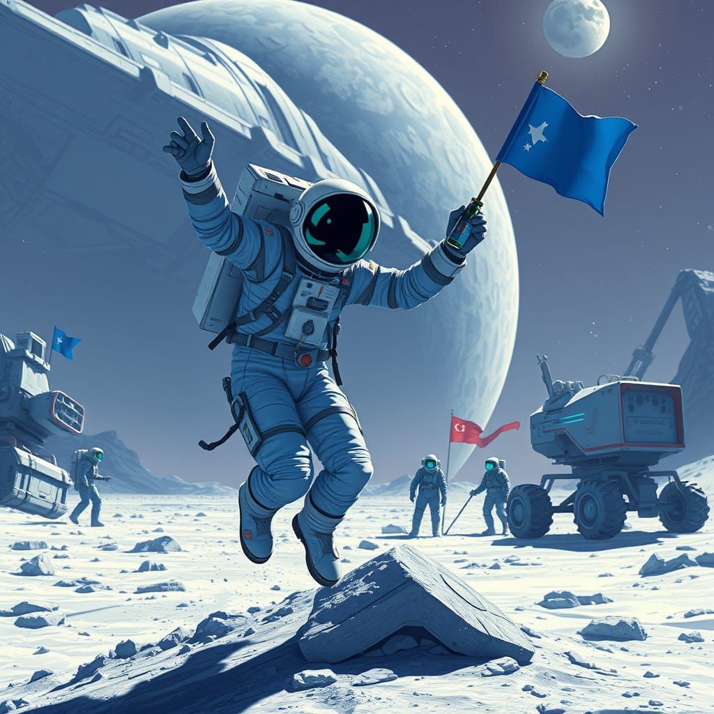 Astronaut Celebrates on the Moon's Surface in Retro-Futurist...