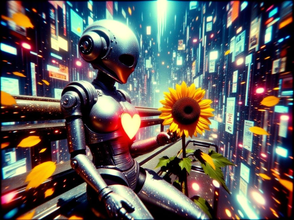 Surreal Solarpunk Robot Adorns Vibrant Neon Cityscape in Don...