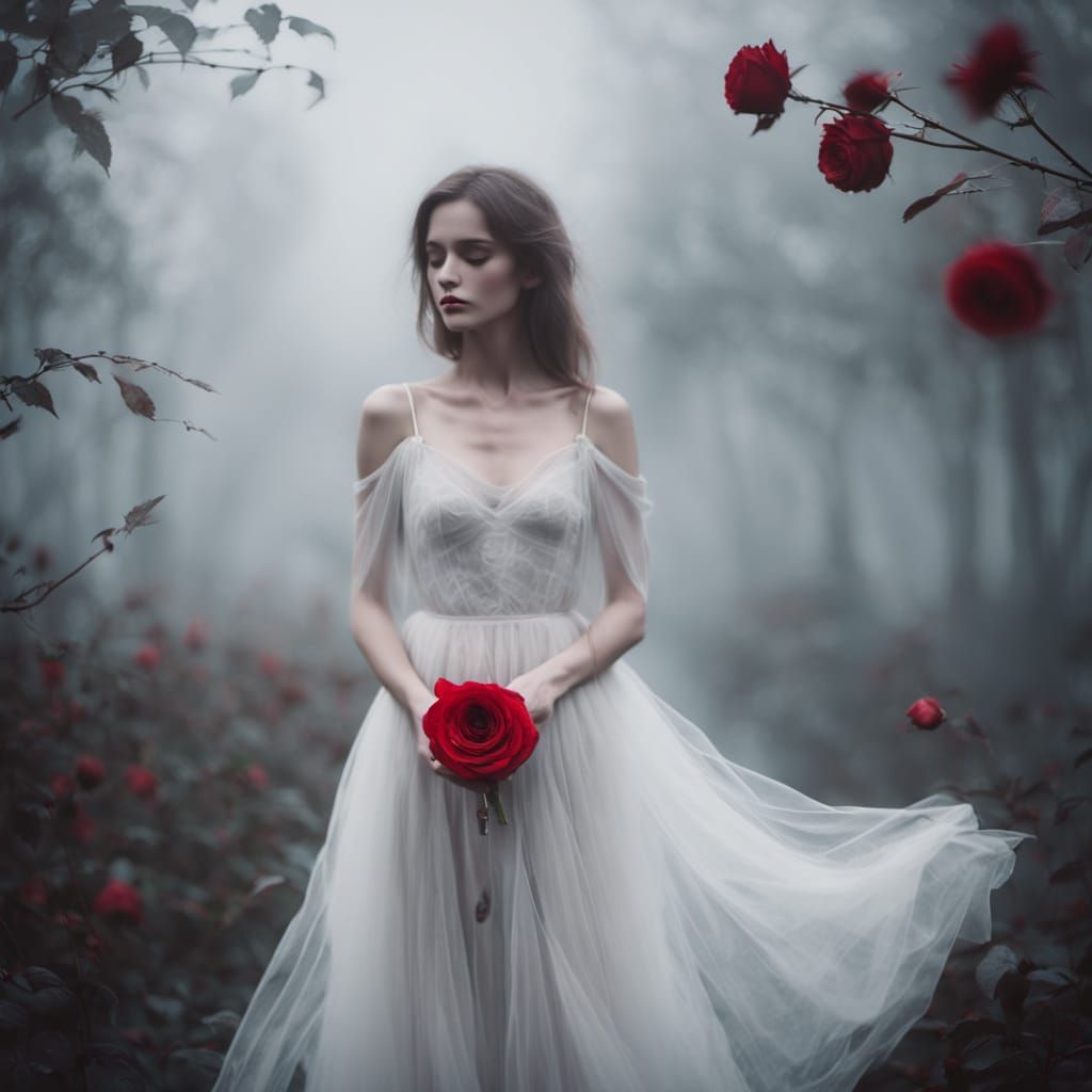 Dreamcore Ethereal Figure with Glowing Rose in Foggy Liminal...