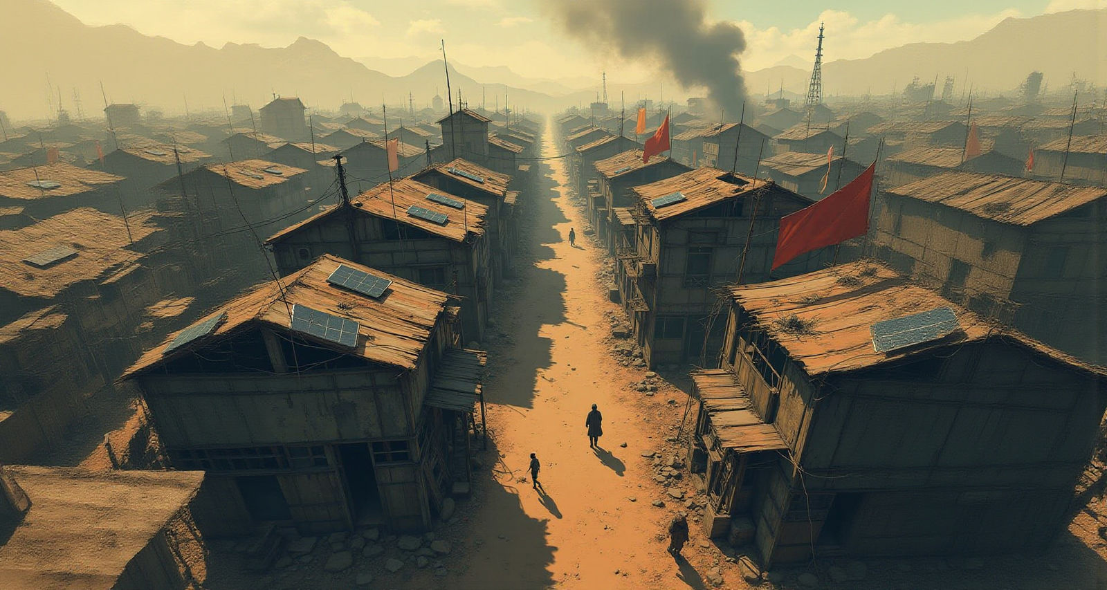 Worn Settlement Aerial View in Cel-Shaded Style