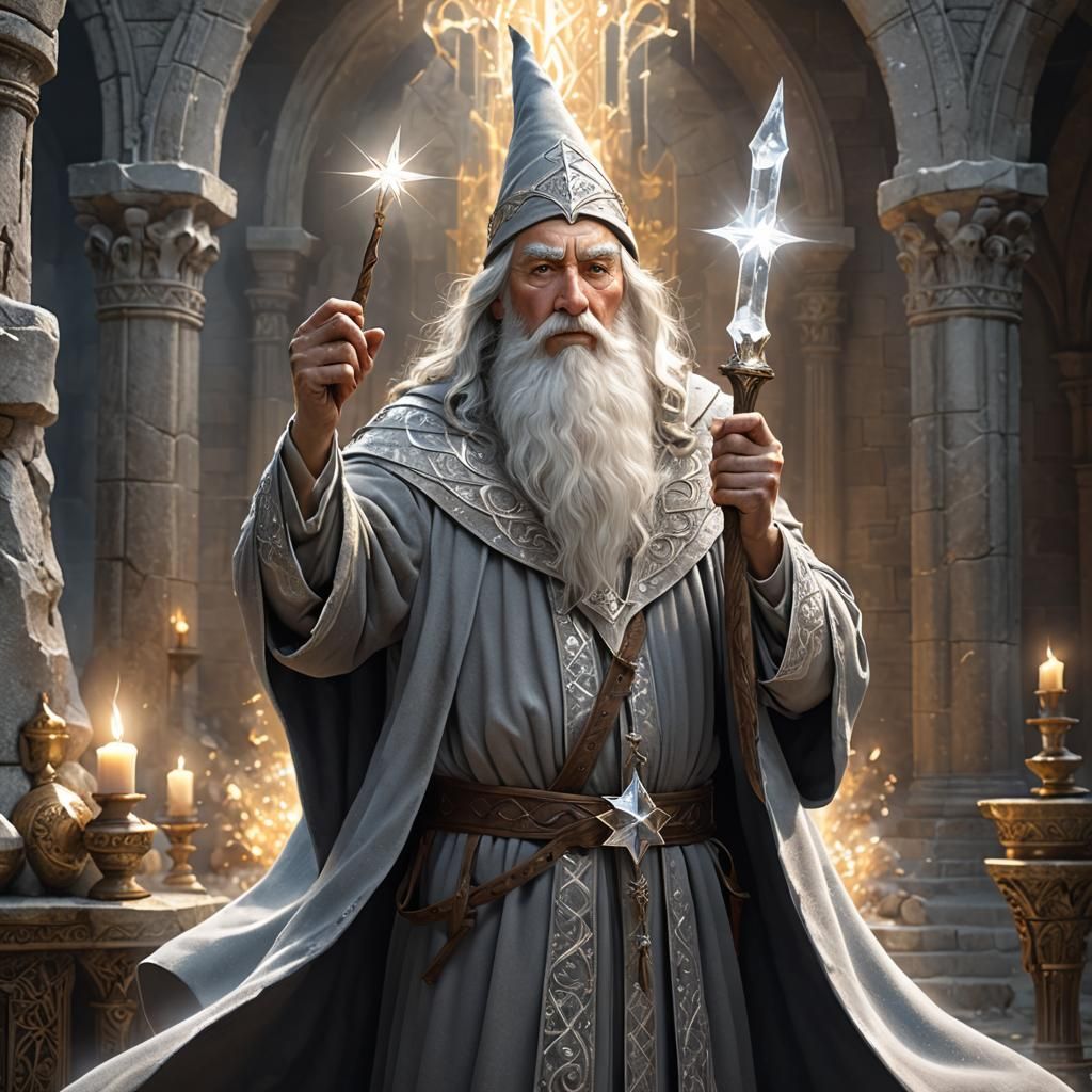 Powerful Wizard in Tower Holding Crystal Star Staff