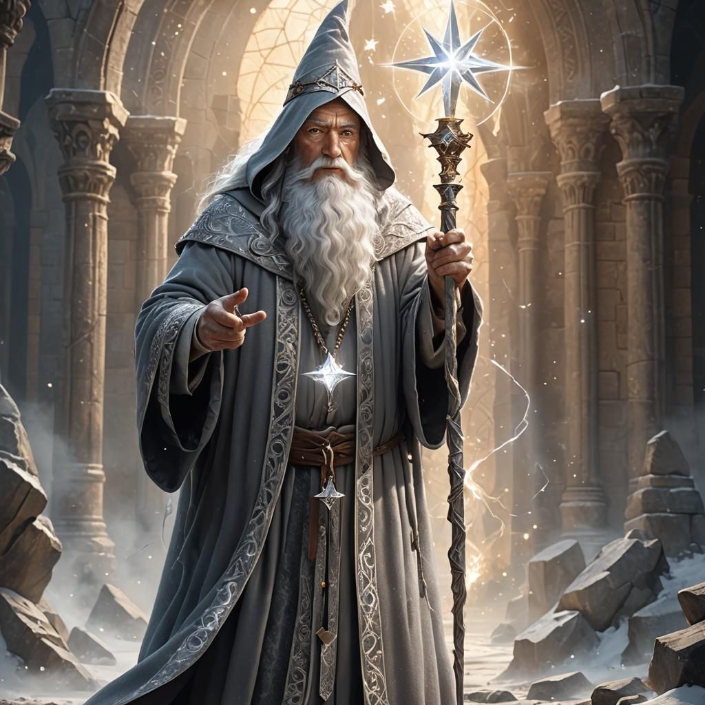 Powerful Wizard in Tower with Crystal Staff