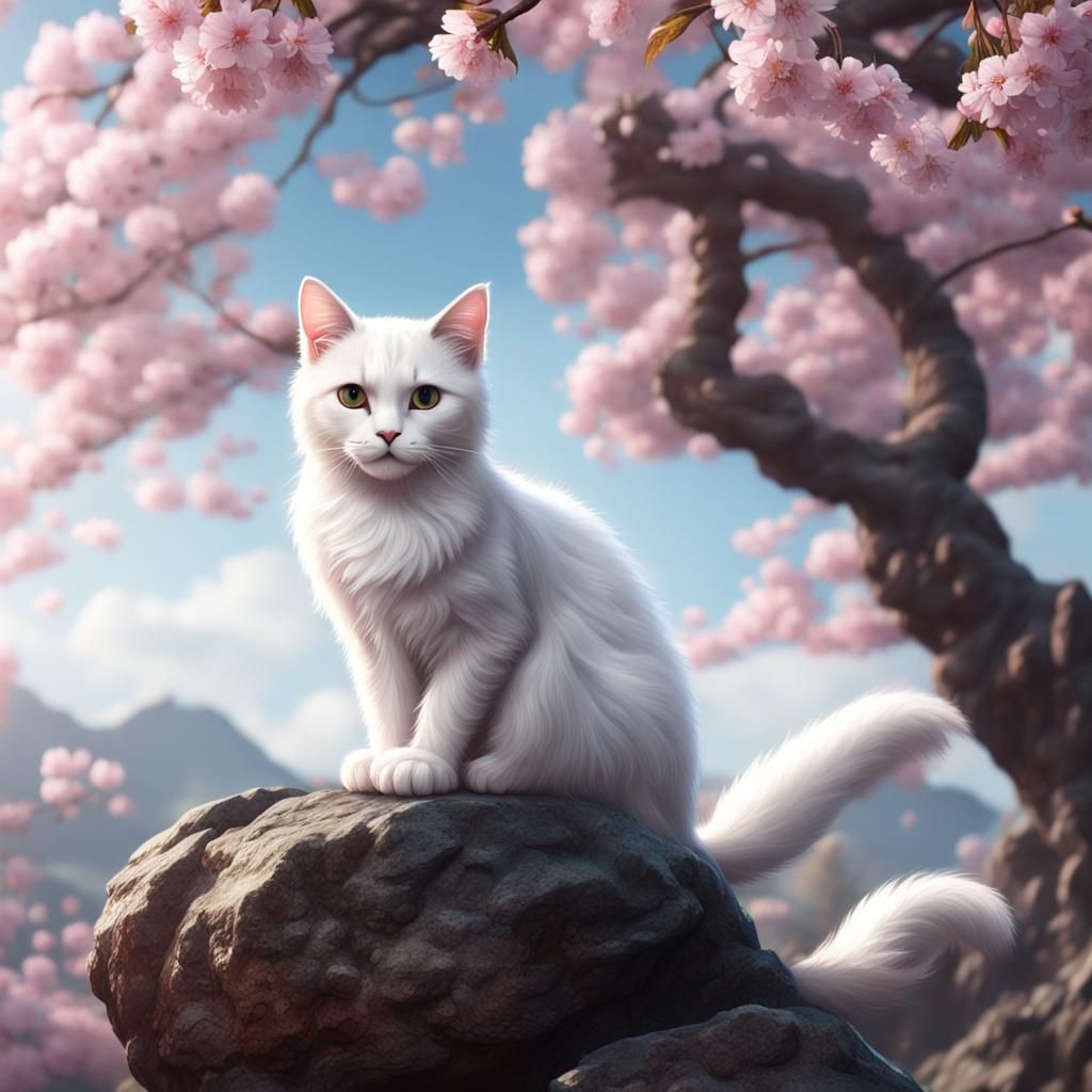 White Cat Under Cherry Blossom Tree: Detailed Matte Painting