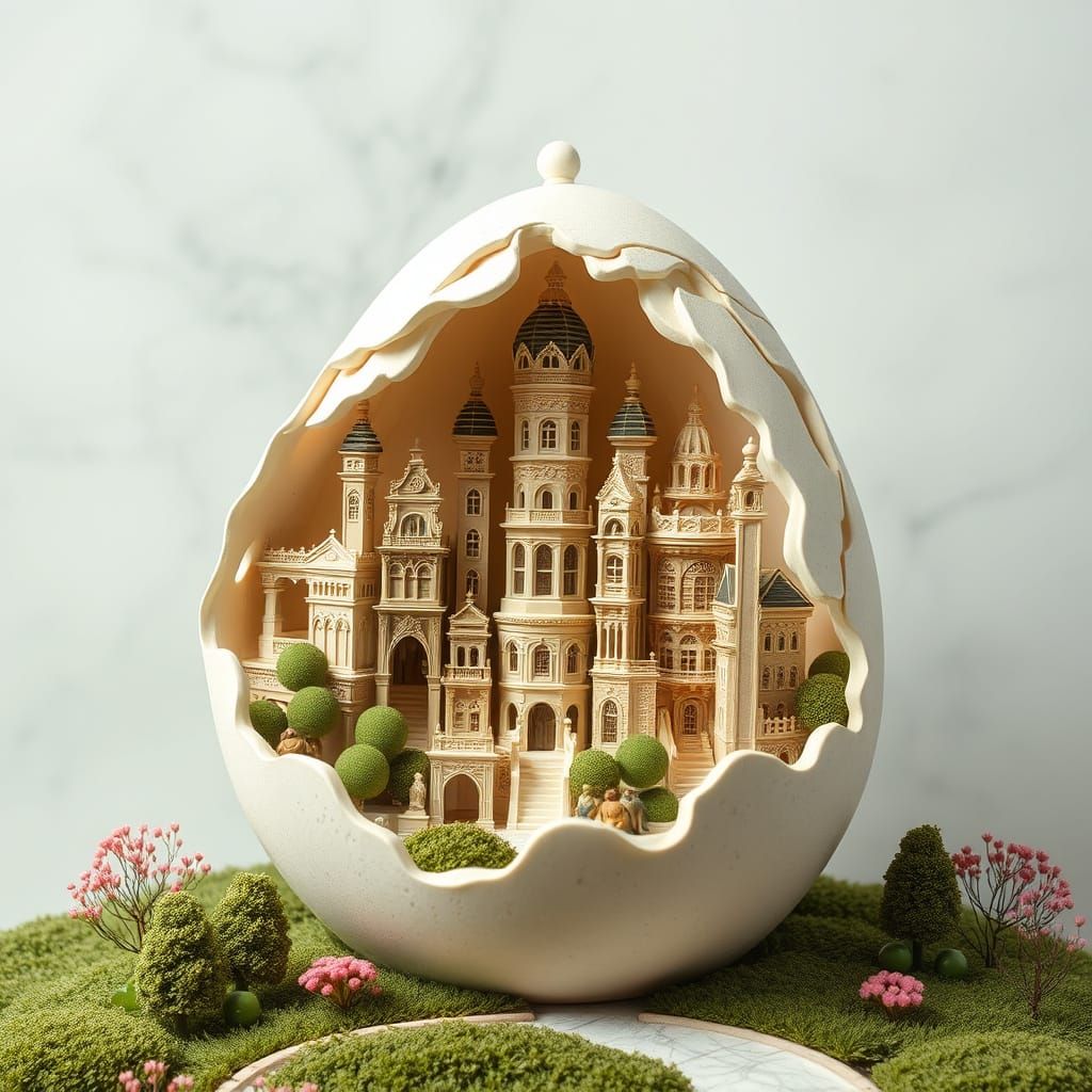 Victorian City Carved into Eggshell