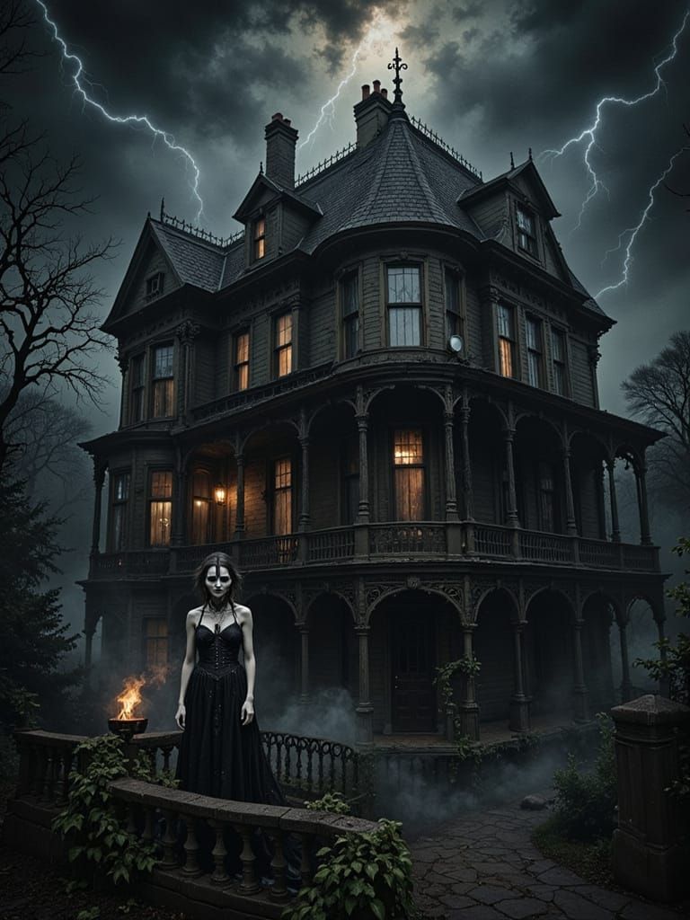 Gothic Maiden on Balcony During Storm, Dark Fantasy Illustra...