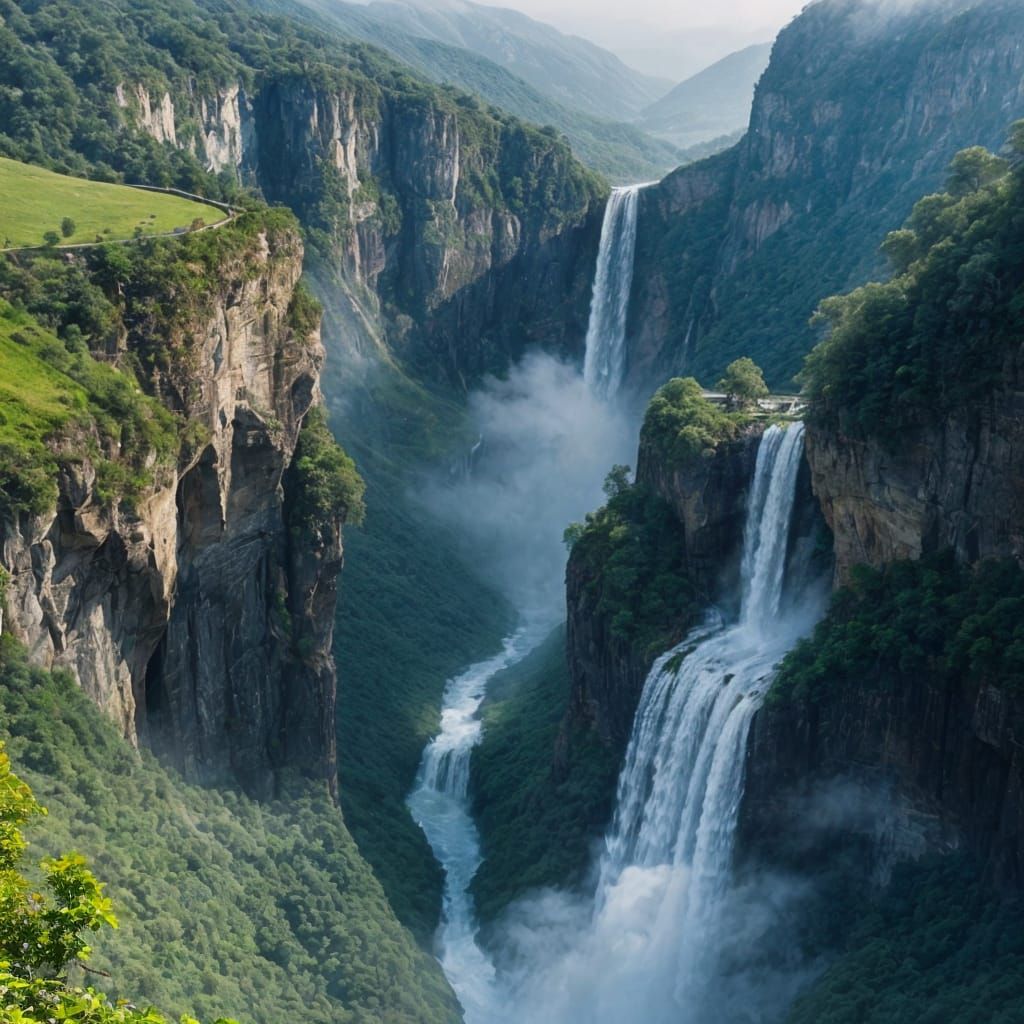Majestic Waterfall with Rainbow Colors and Birds