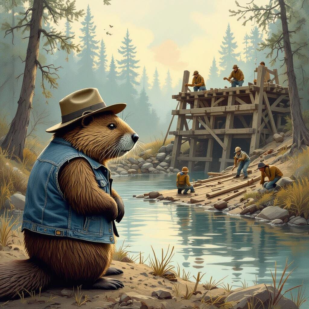 Beaver Watches Dam Construction in Whimsical Style
