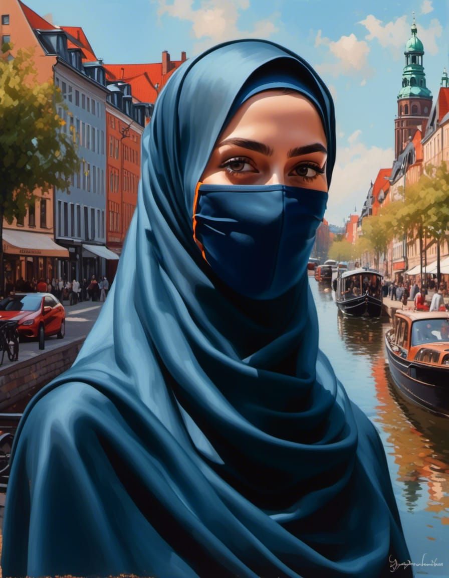 Masked Woman in Copenhagen, Oil Painting Style