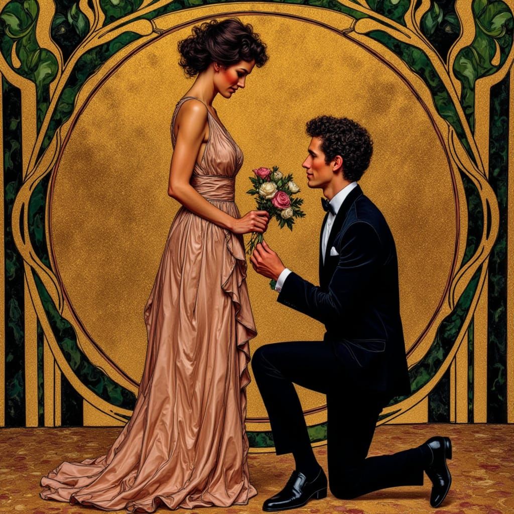 Art Nouveau Proposal Scene with Golden Accents