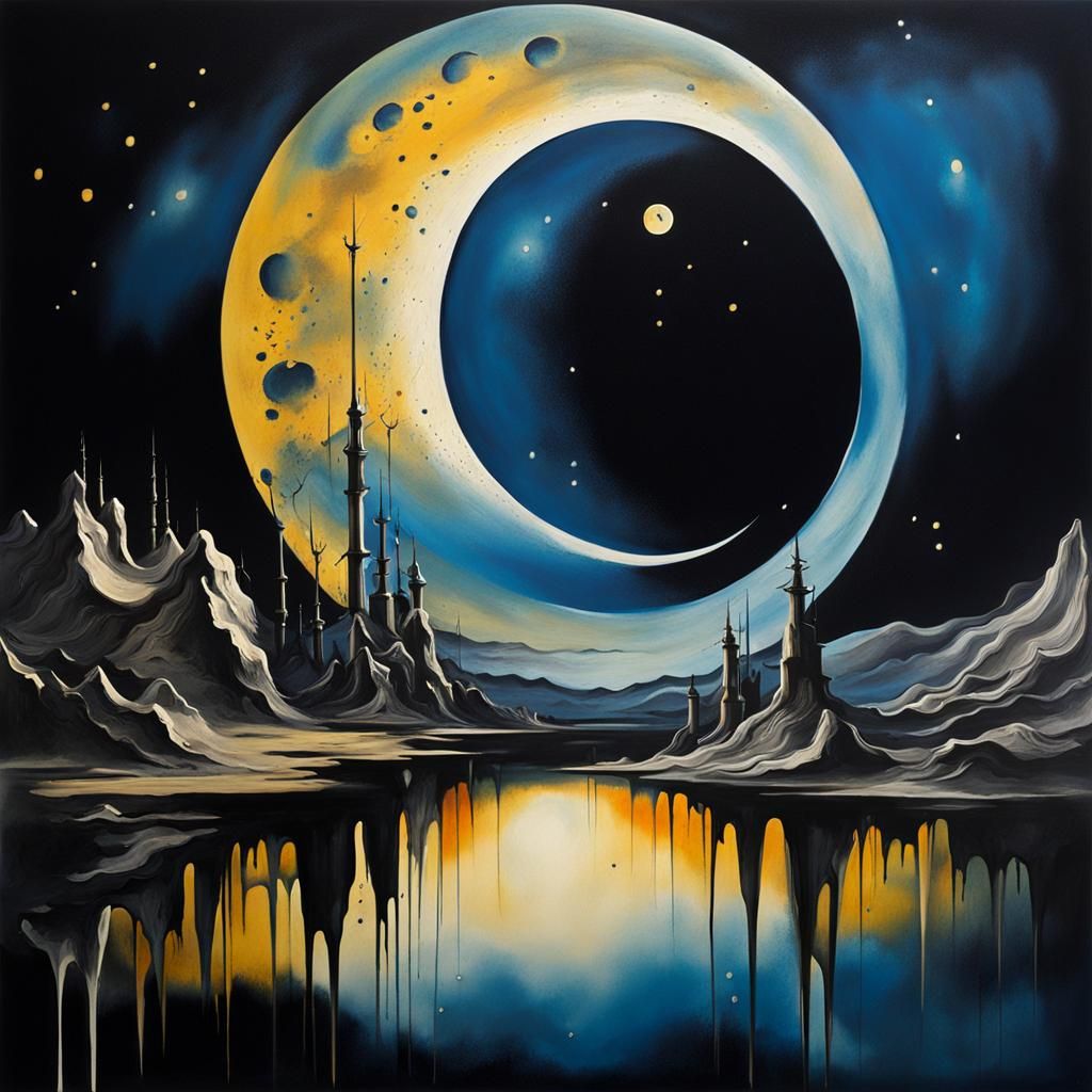 Surreal Melting Moon with Ink Splashes