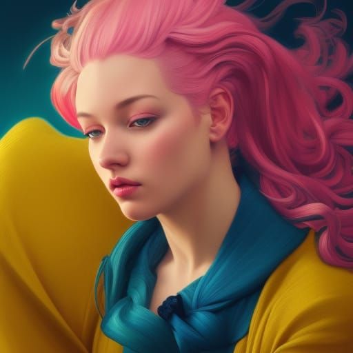 Girl with Pink Hair in Art Nouveau Style
