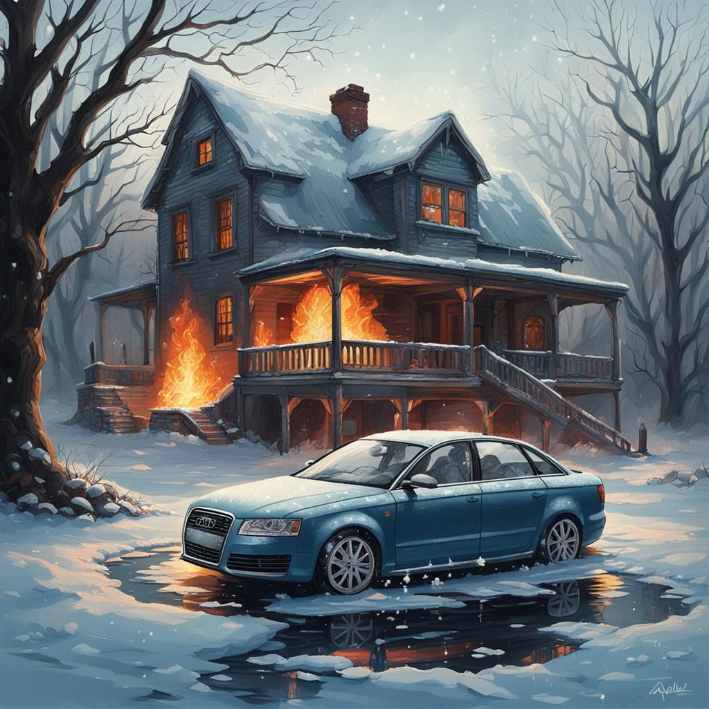 Icy Spring Scene with Burning Car in Sinister Style