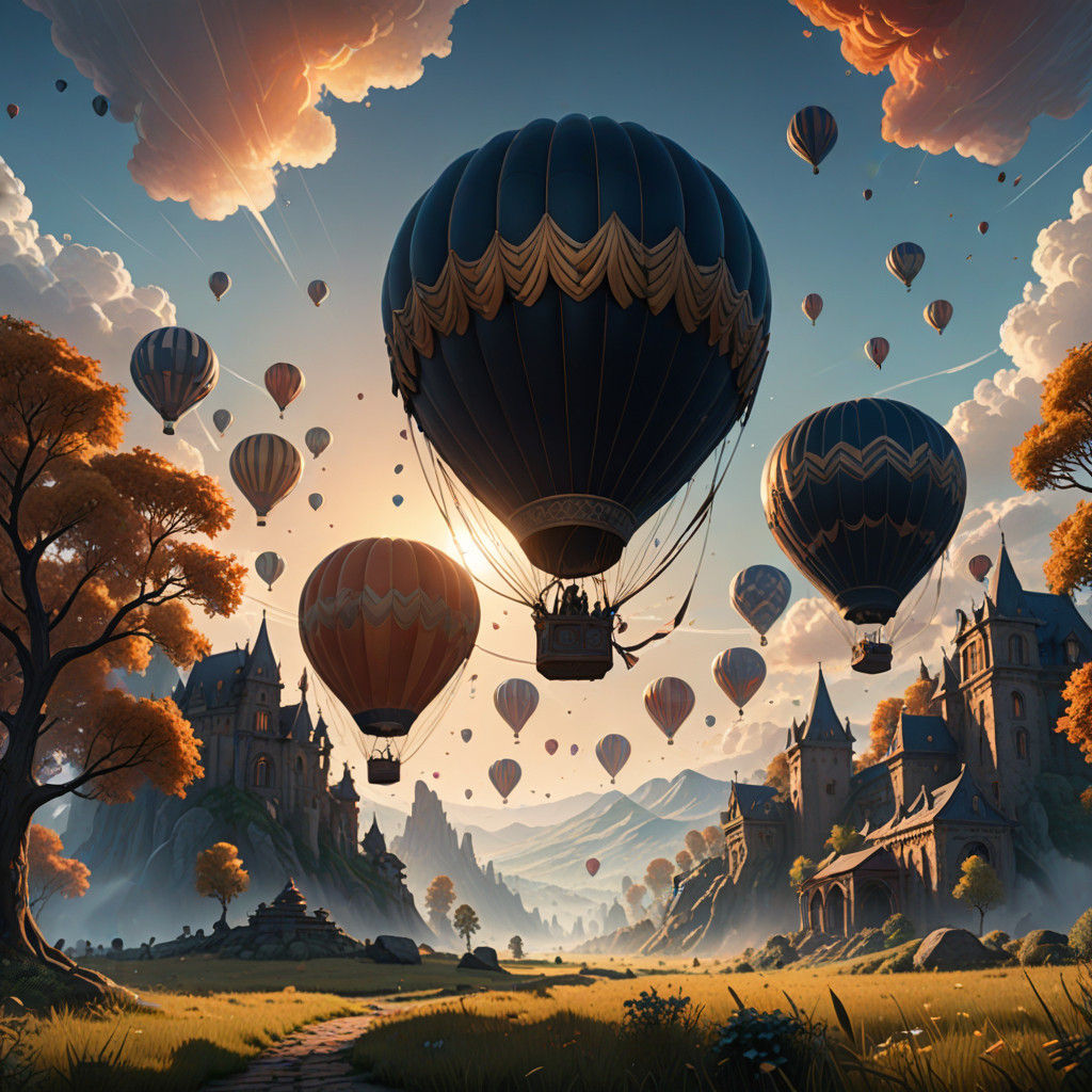 Vibrant Hot Air Balloons Soar in a Dreamy Post-Impressionist...