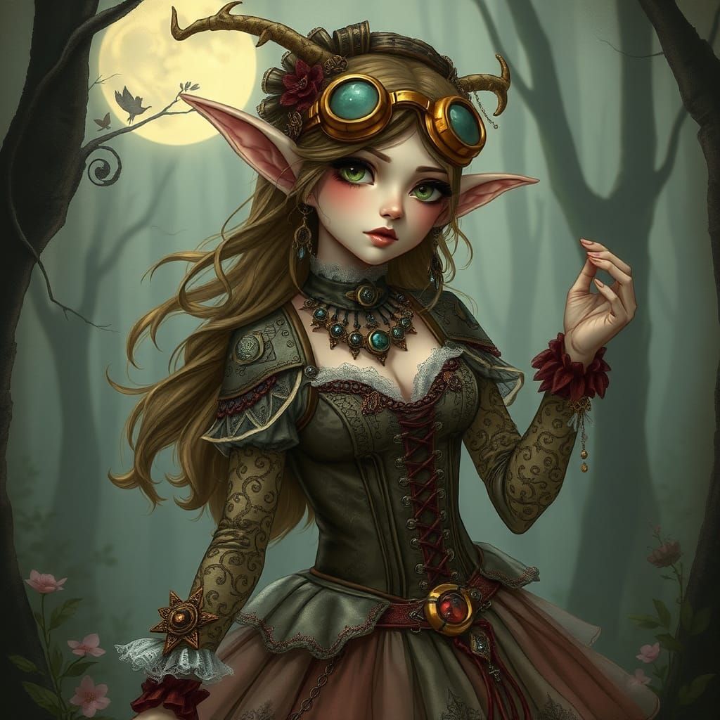 Steampunk Elf Maiden in Misty Forest
