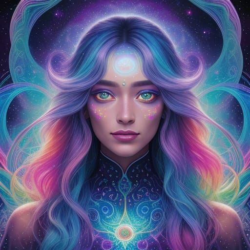 Happy Woman with Cosmic Hair in Psychedelic Style