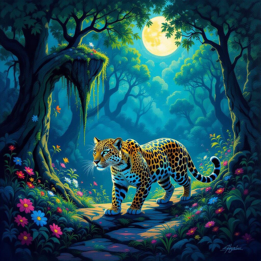 Bioluminescent Leopard in Enchanted Forest