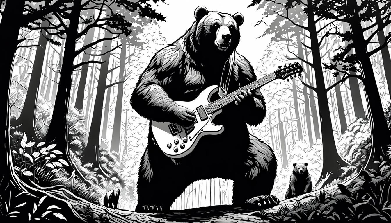 Giant Bear Biting Electric Guitar: Vector Line Art