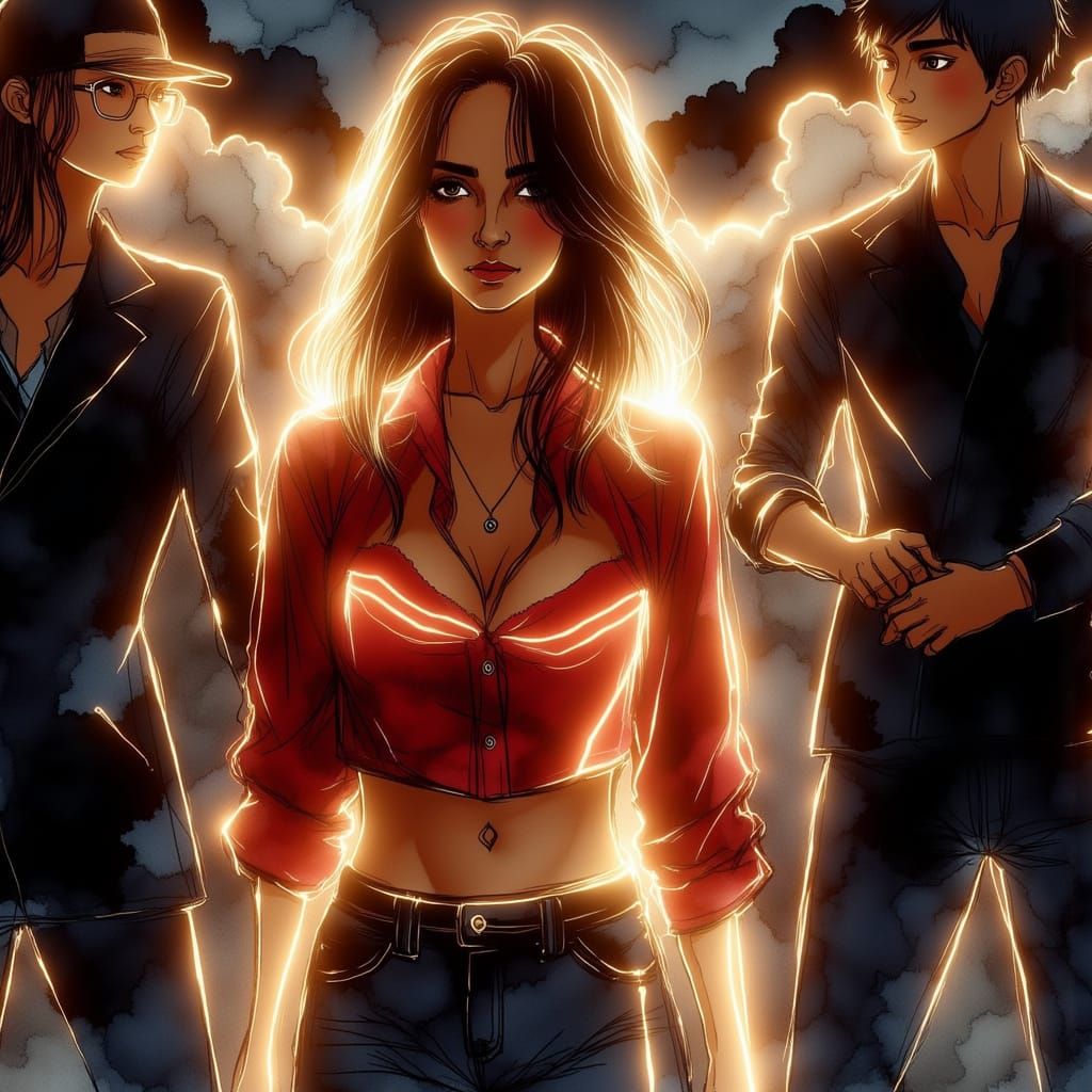 Digital Sketch of Woman in Ripped Jeans and Red Shirt