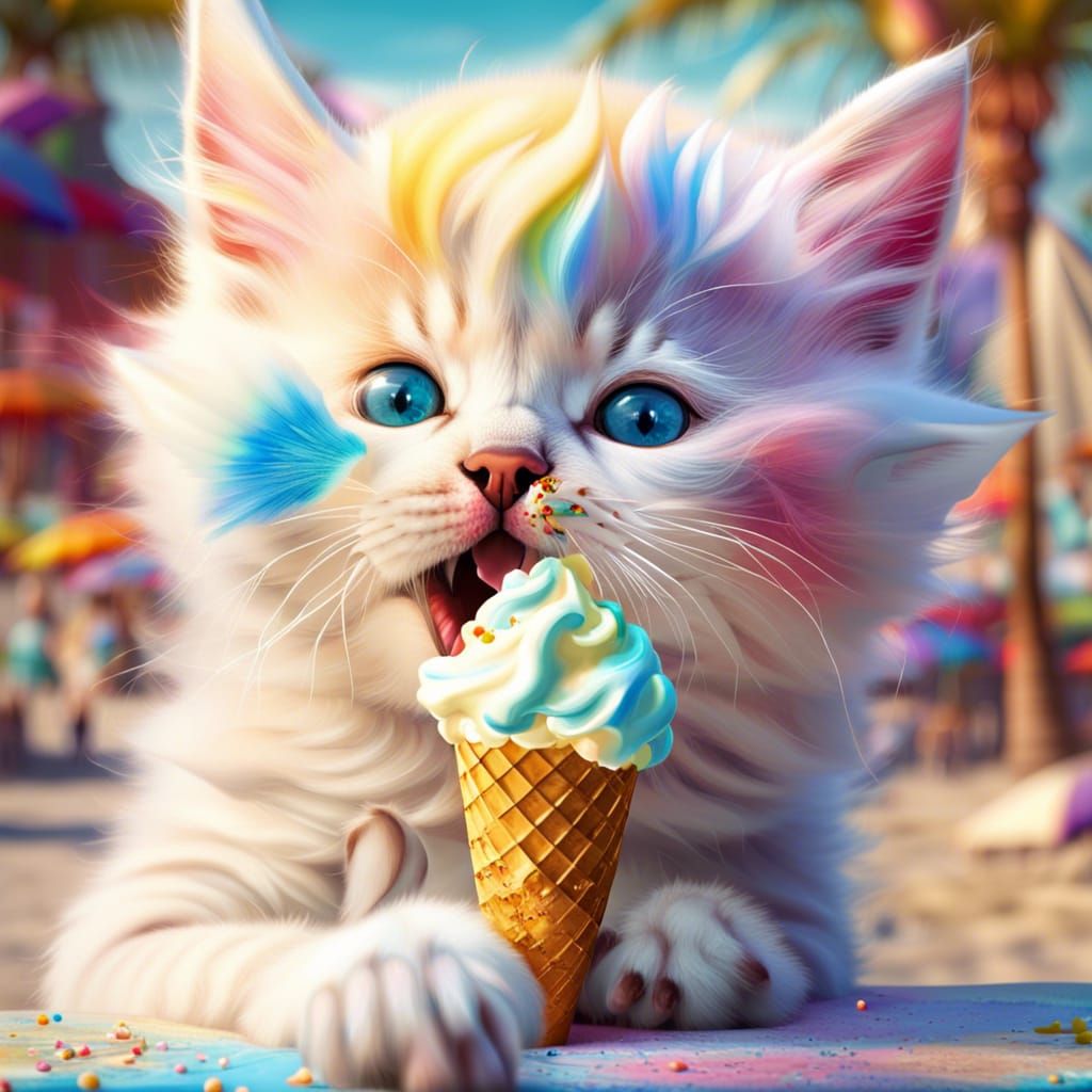 Adorable Kitten Licking Ice Cream, Digital Art