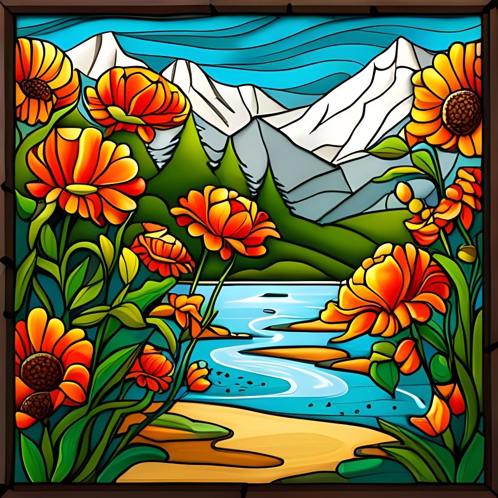 Stained Glass Window Showing Flowers, a River and Mountains