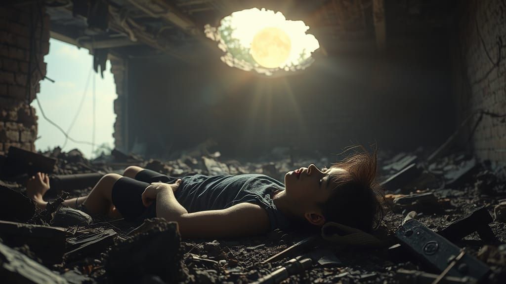 Hopeful Youth in Ruined Basement, Futuristic Style