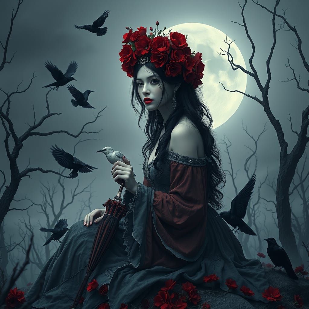 Regal Gothic Goddess in Desolate Landscape