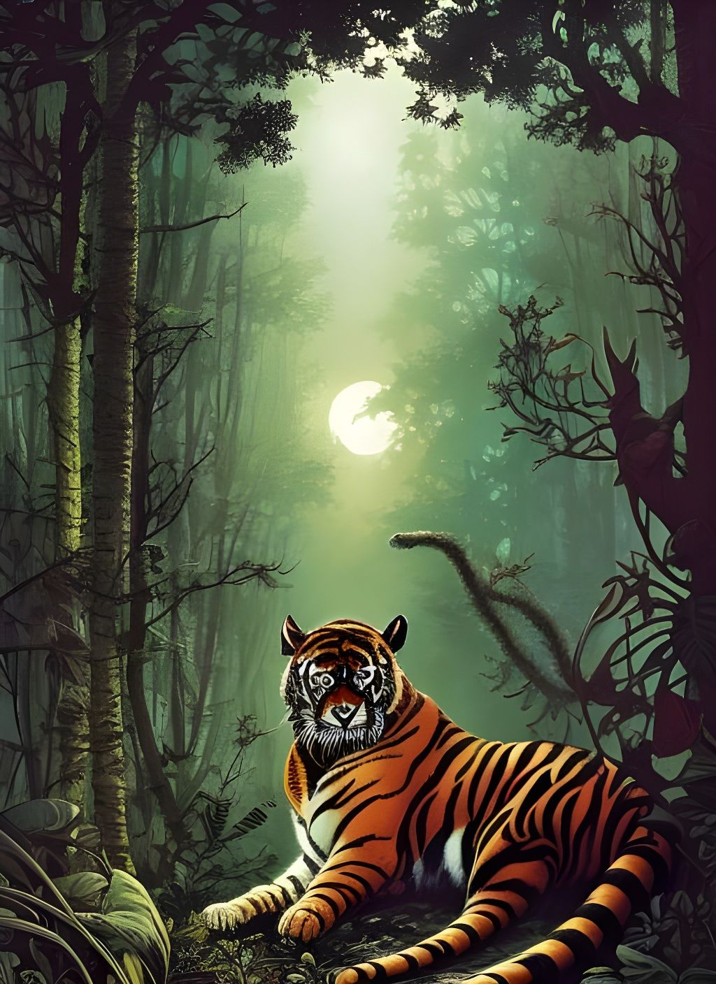 Fiery Tiger in Gritty Watercolor Forest