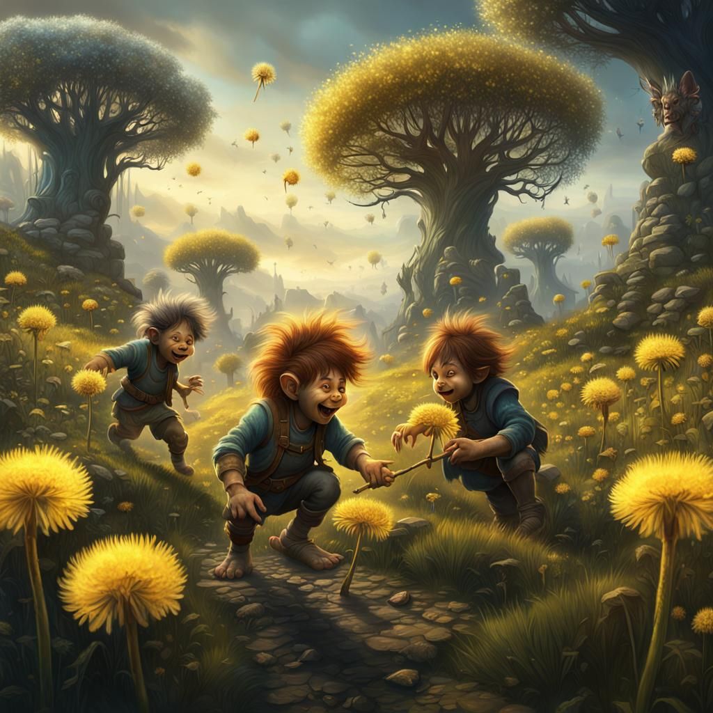 Troll Children Playing with Dandelions in Fantasy Art