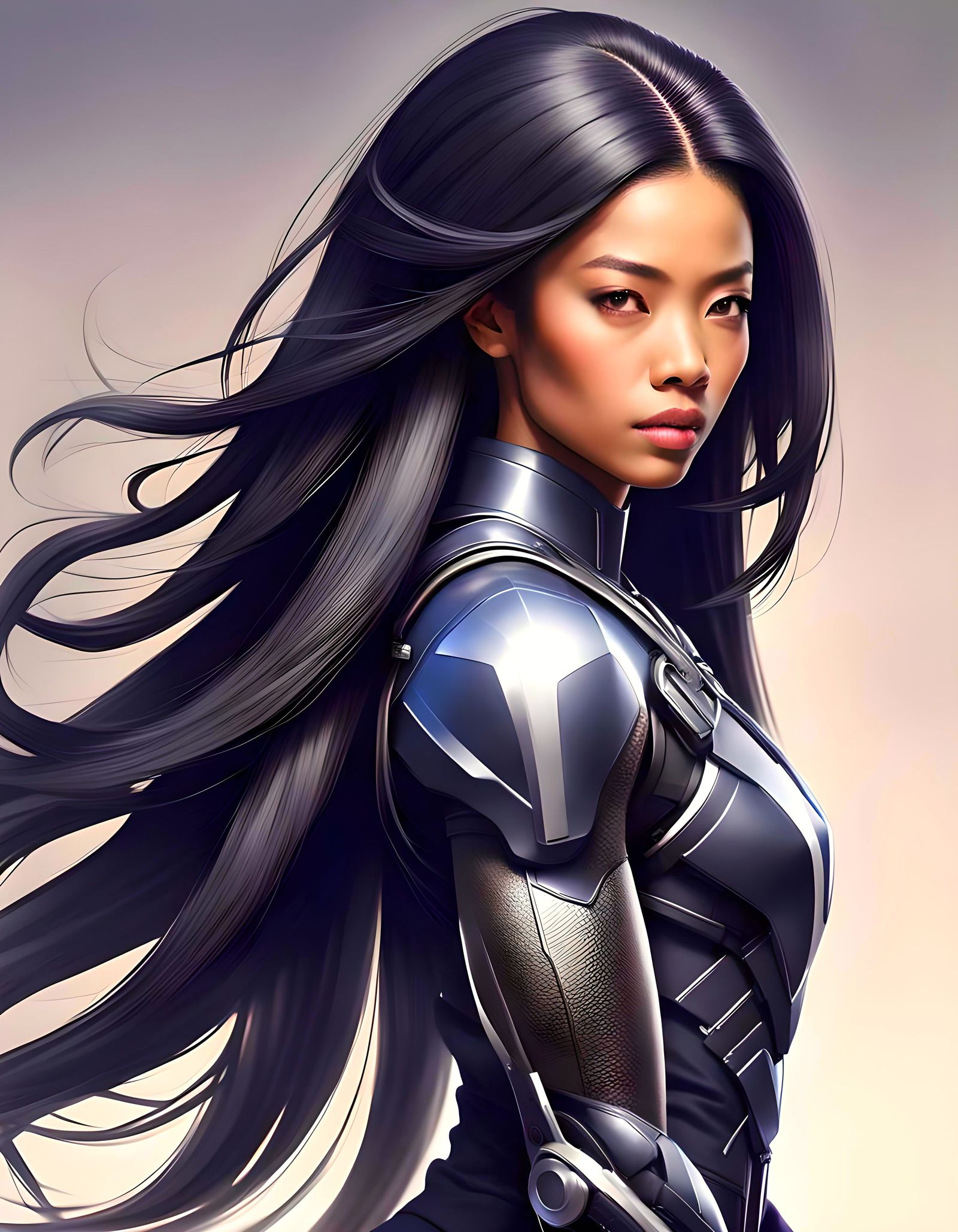 Strong Afro-Asian Woman with Jet-Black Hair