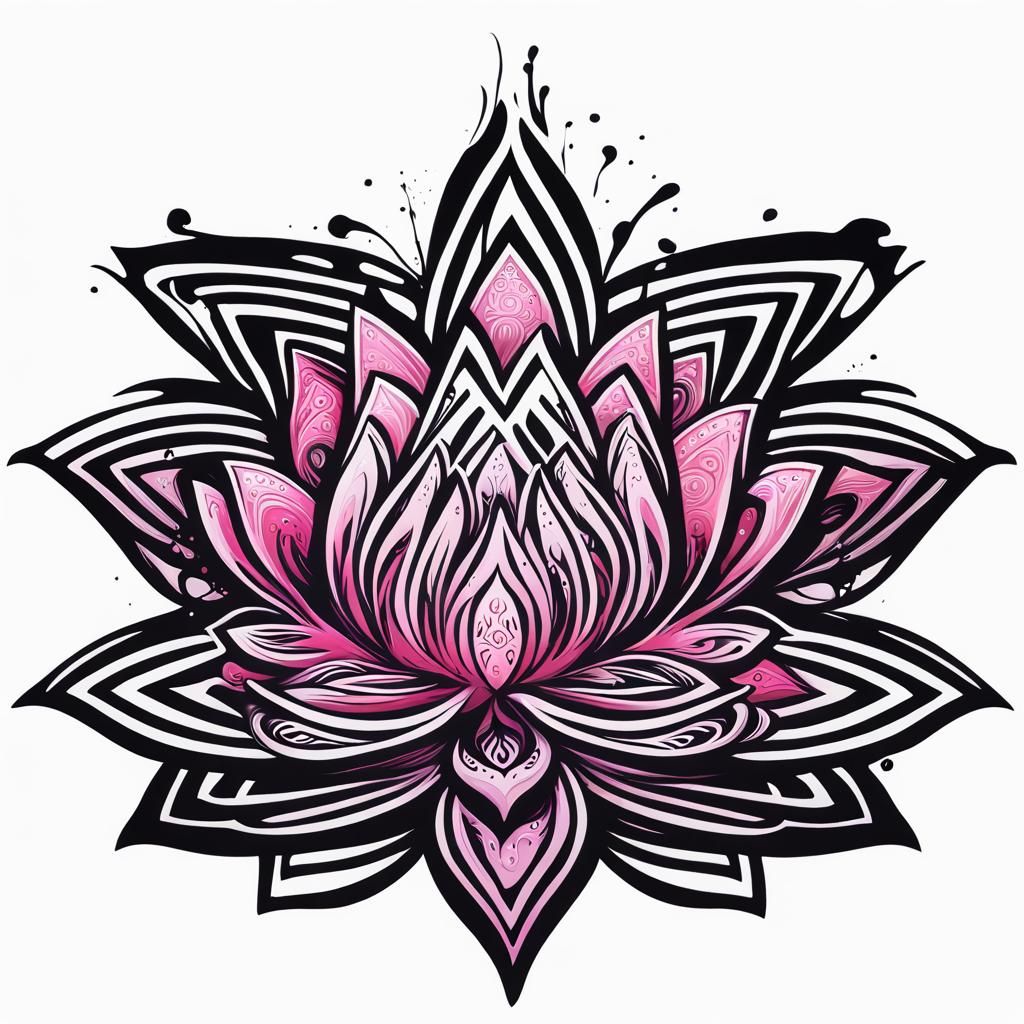 Motif floral au lotus de yoga indien, pink color, graffiti art, splash art, street art, spray paint, oil gouache melting...